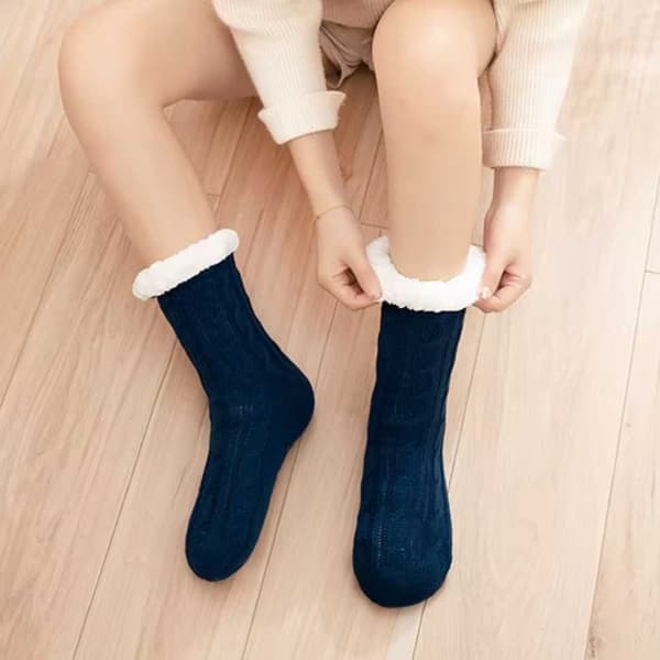 Furry varme strikkede sokker, hjemmesko med skridsikker blå one size blue