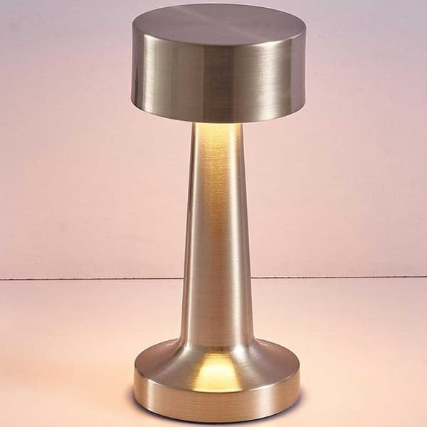 Retro oppladbar bordlampe i metall, dimbar, sølv silver