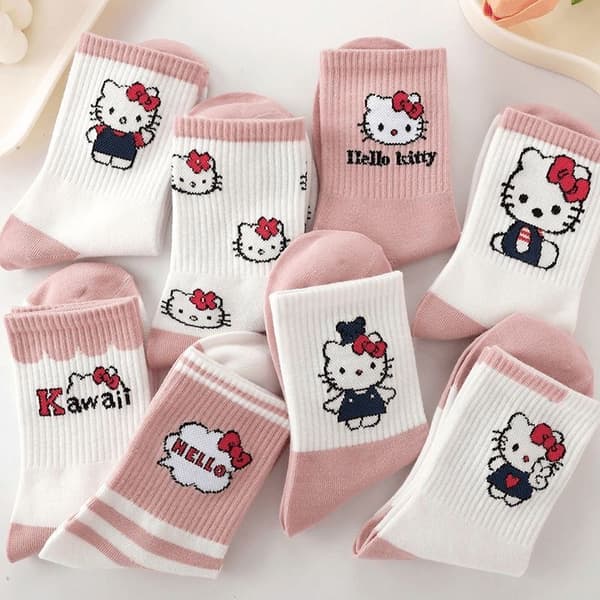 Kitty Cat Strømper - 8 Par, Pink, Sød Tegneserie, Casual, Alsidig - Efterår/Vinter Ungdomsstrømper