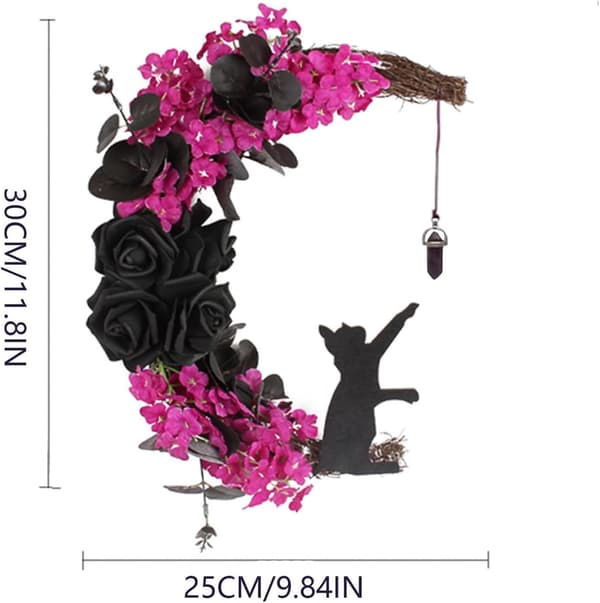 1 stk. 30 cm Måneformet Sort Kat Fuksia Blomst Rattan Krans til Høst Thanksgiving Halloween Jul
