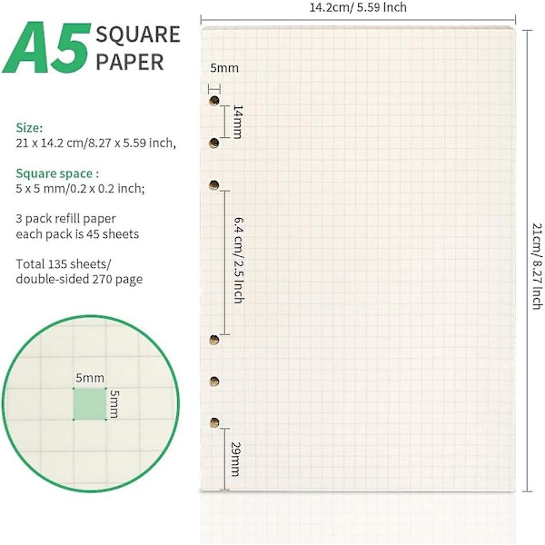 A5 3-pack 5mm Rutat Papper - Påfyllningsbart Rutnätspapper 135 Ark/270 Sidor