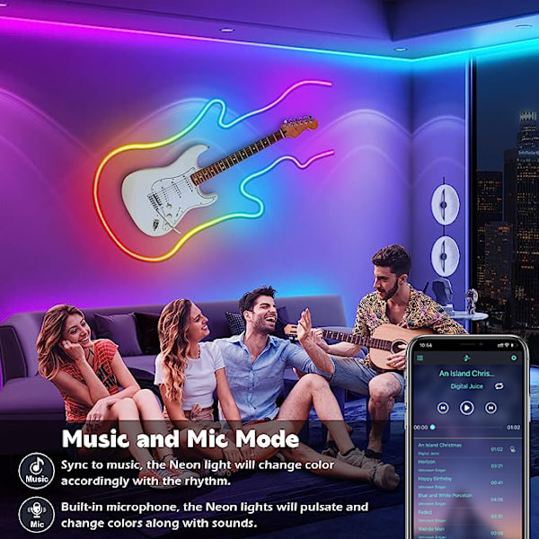 Neon-repband 10M, RGB LED-remsa med App-fjärrkontroll, Musiksynkroniserad Färgväxlande Vattentät Flexibel LED-remsa