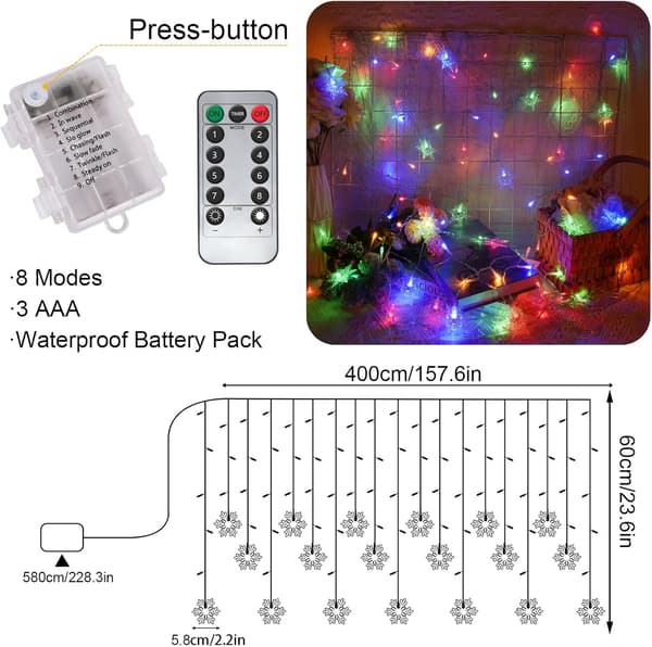 LED Stjernelys, 4M 96 LED Gardinlys, 8 Lysmoduser for Fest, Hage, Jul, Bryllup