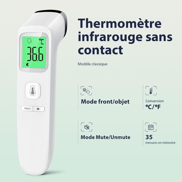 Beröringsfri panntermometer, babytermometer, exakt avläsning med LCD-display, tyst läge, minnesåterkallelse (vit)
