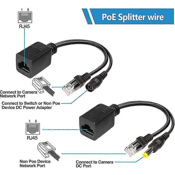 2 stk passiv PoE-injektor og splittersett DC-strømadapterkontakt