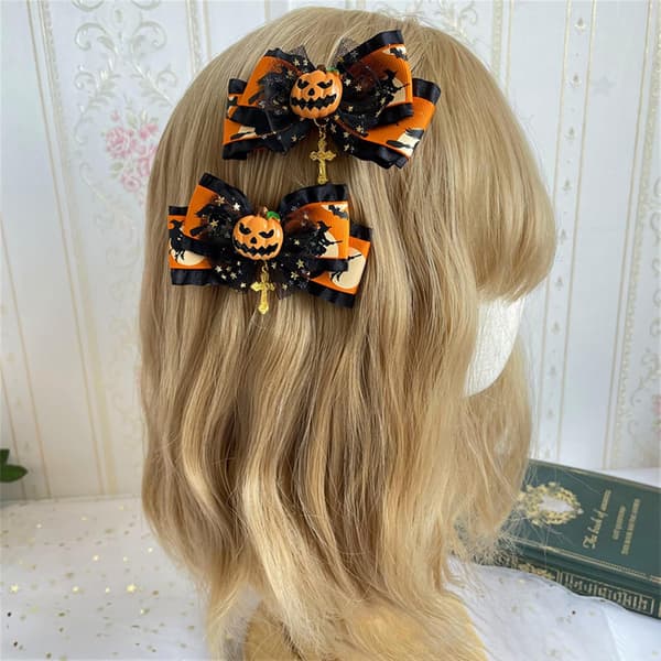 Halloween kurpitsa oranssi kurpitsaklipsit lentävä noitakuvioinen kangas ristillä (pari) B