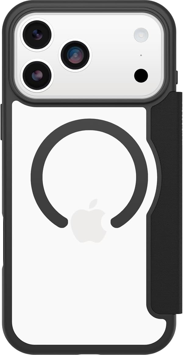 Otterbox React Series Folio MagSafe -kotelo iPhone 17 Pro Maxille, iskunkestävä, putoamissuoja, korttipaikoilla, sotilasluokan, läpinäkyvä/musta iPhone 17 Pro Max