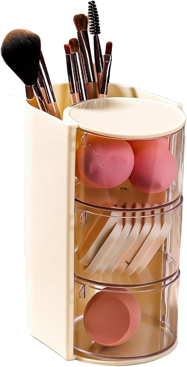 1 stk. beige 3-lags opbevaringsboks til makeupbørster og pudderkvaster Beige 3-tier