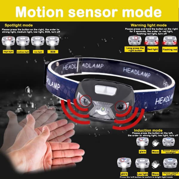 USB Oppladbar LED Hodelykt, LED Hodelykt, 6 Moduser Kraftig Hodelykt, IPX5 Vanntett, Super Sterk, Justerbar