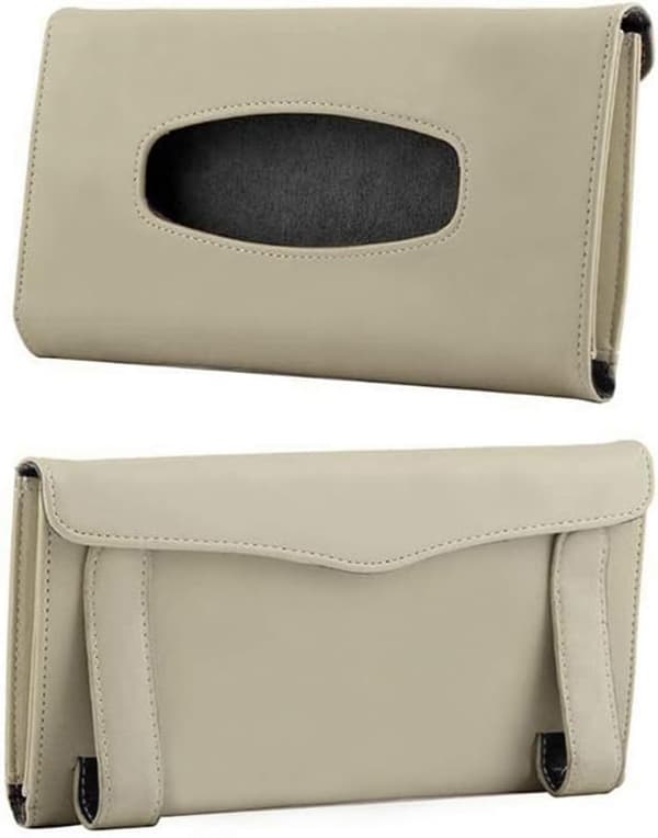 Læder Servietholder, Maskeholder, Rektangulær Solskærmsserviet, Maskedispenser, Premium Bilservietboks til bil, Køretøj (Sort) Beige