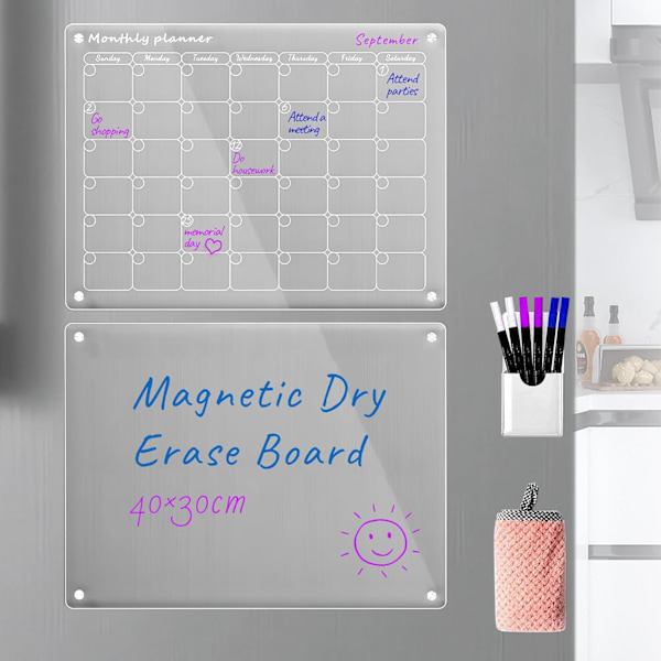 Akryl Magnetisk Whiteboard Memo-tavla och Kalender för Kylskåp, Klar Set om 2 Kalendrar för Kylskåp Återanvändbar Planerare (Månadsvis+Memo)