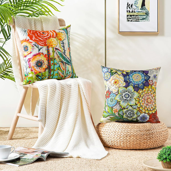 Set med 4 blommiga prydnadskuddfodral 45x45 cm sommar dekorativa fyrkantiga kuddöverdrag soffa färgglada kuddskydd