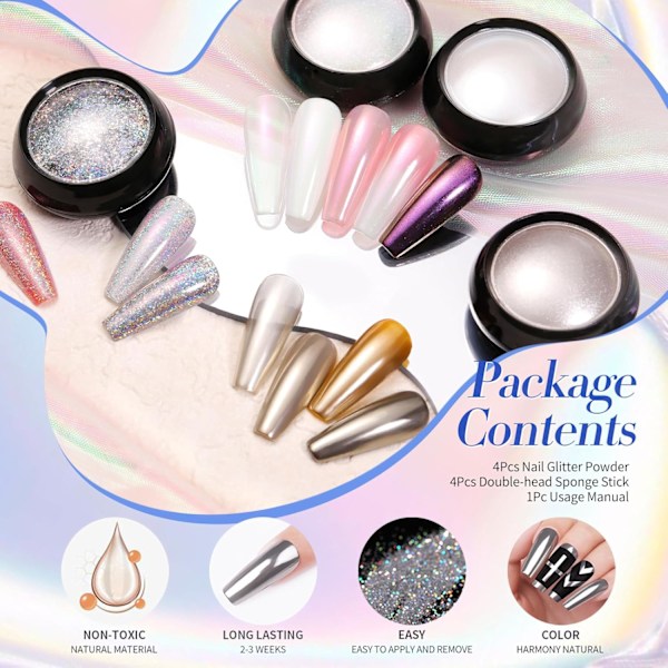 Krom Nagelpulver, Vitt Pärlmetallic Spegel Holografiskt Krompulver för Naglar, Pärlglitter Pigment Damm Kit Nagelkonst Dekoration