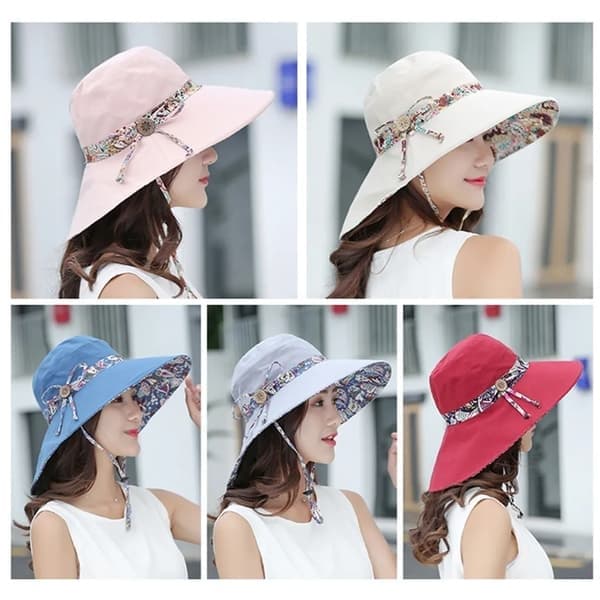 Solhat, Dame Sommer Strand Rejse Sløjfe Solhat med Bred Skygge, Sammenfoldelig Solbeskyttelse Anti-UV Cykel Strandhat (Lyserød)