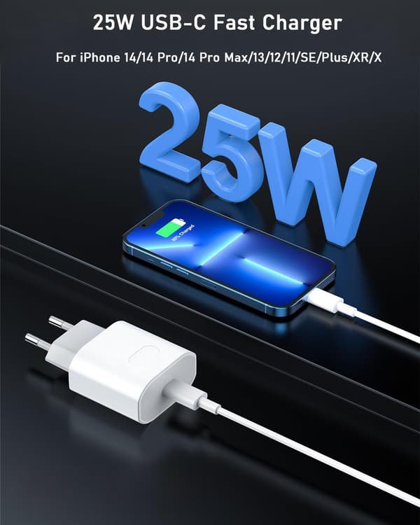 Hurtiglader 25W for iPhone 14 13 12 11 Pro Max Plus SE Mini Xr X XS USB C 2m Hurtigladekabel Strømadapter