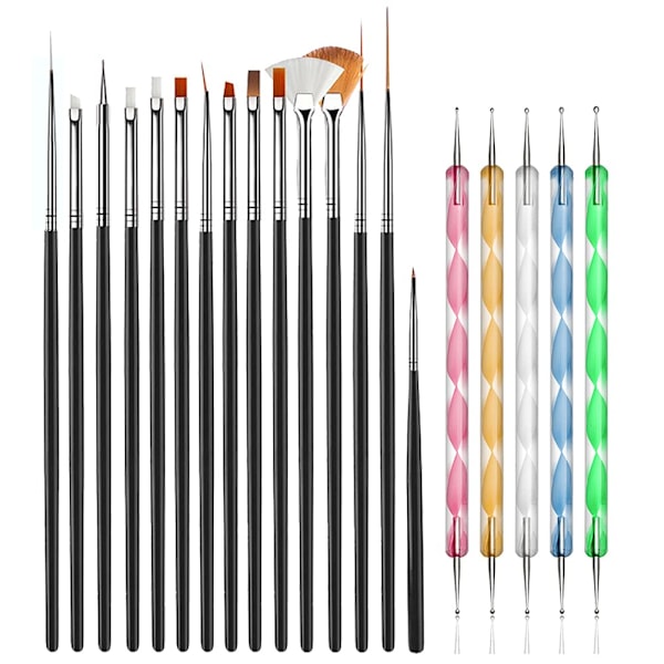 20 st Nail Art Design Verktyg, 15 st Målningsborstar Set med 5 st Punktpennor, SVART