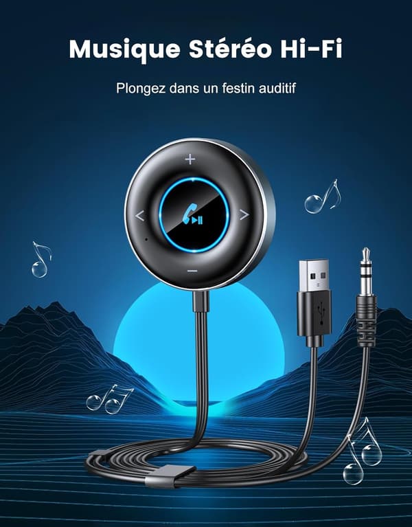Bluetooth 5.3 Biladapter, Bluetooth-mottaker med 3,5 mm Jack, Håndsfritt Bilsett, Innebygd Hi-Fi Mikrofon