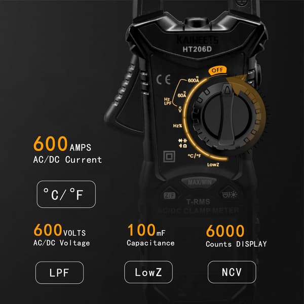 HT206D Klemmemåler, 6000 Tellinger Auto-Range Multimeter 600A AC/DC Strøm, 600V AC/DC Spenning med LCD Bakgrunnsbelysning, Kapasitans