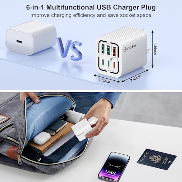 50W USB C Plugg Hurtiglading 6-Port Multi USB Lader Plugg Hurtigladeplugg
