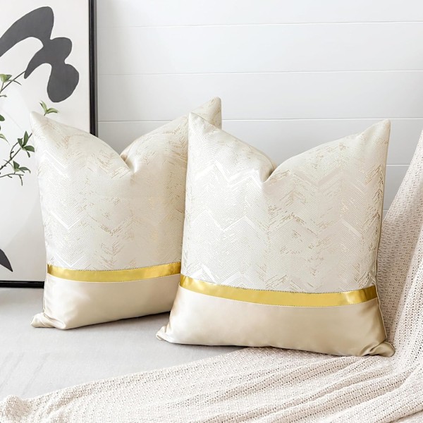 Set med 2 Kuddfodral för Säng Soffa Bil Dekoration Lyxig Modern Minimalistisk Guld Läder Sömmar Vågig Ränder 45x45cm (Beige)