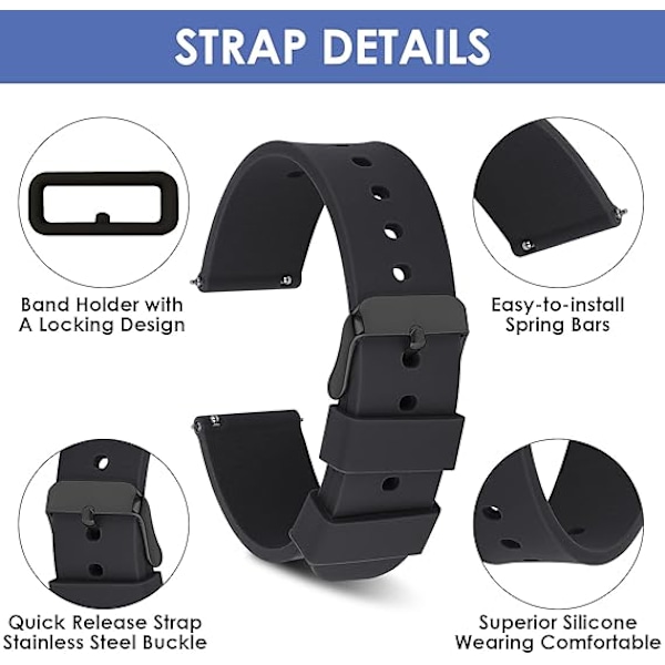 Silikonarmband till klocka, Snabb Vattentät Mjuk Gummiband Ersättningsremmar med Rostfritt Stål Silverspänne Smartklockarmband Sportklockarmband 18mm