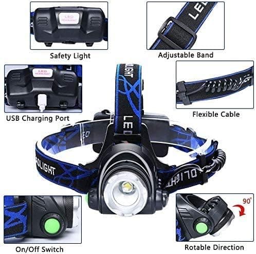 1200LM LED Oppladbar Hodelykt, IP64 Vanntett Zoombar Hodelykt 3 Moduser med USB-kabel 2 Batterier med Indikatorlys