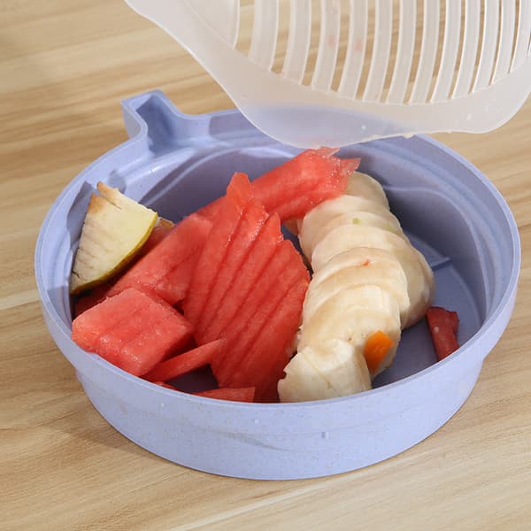 Salatskål med kutter Frukt- og grønnsaksvasker Kutter Måltidsforberedelse 60 sekunder Servering