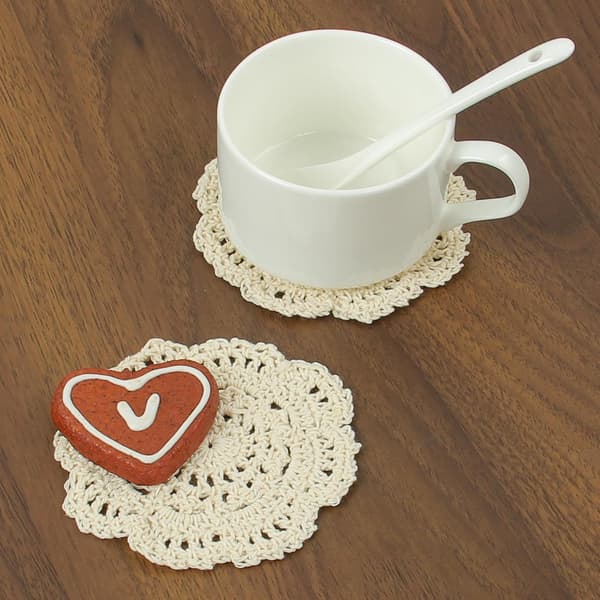 kilofly Små Heklede Bomullsblondebrikker Sett, 4 stk, Beige, Rund, 10 cm