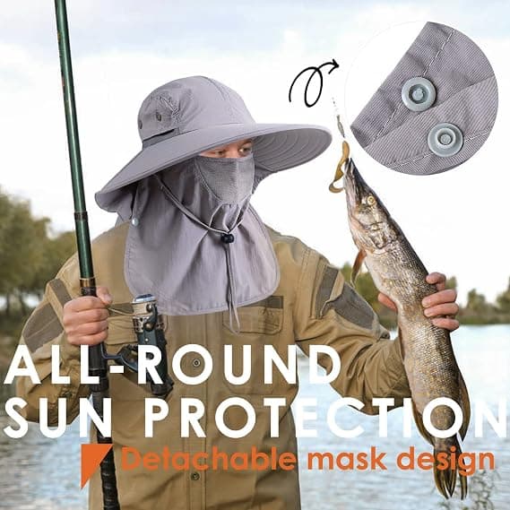 Fiskehat til mænd og kvinder UPF 50+ Bredskygget solhat med ansigtsbeskyttelse & nakkeklap lysegrå