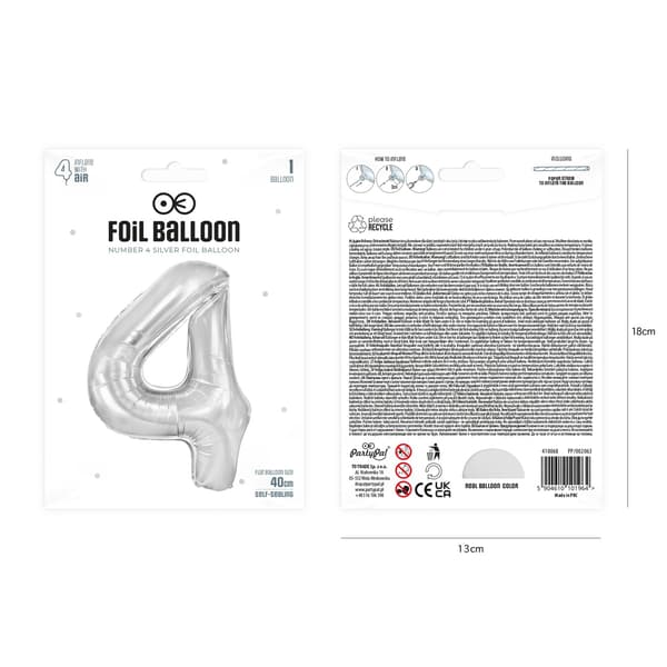 Folieballon Nummer 4 Sølv 40 cm silver