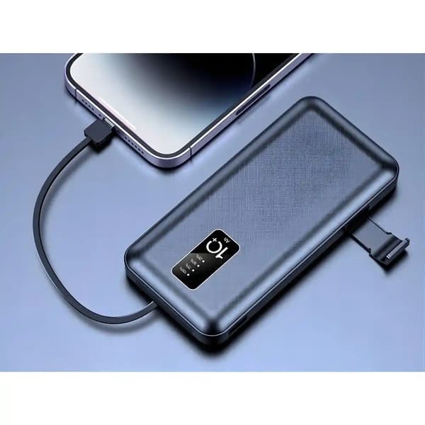 Powerbank 10 000 mAh med inbyggda kablar – USB-C, Lightning & Micro USB (LED-display)