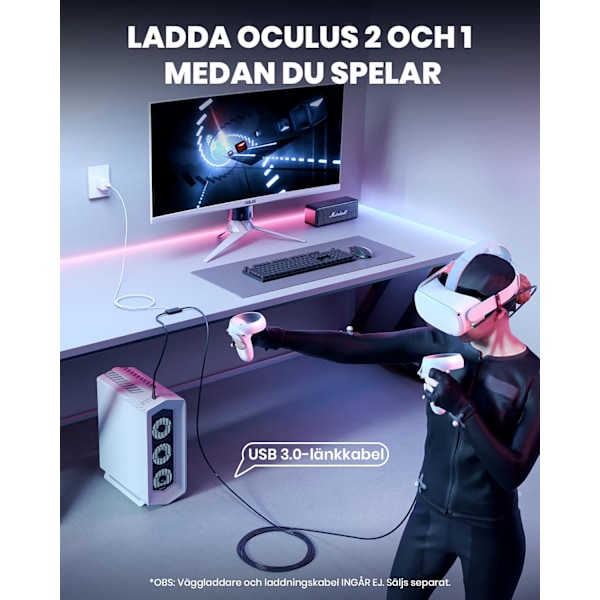 Kabel med laddningsport [5m], Kompatibel med Oculus Meta Quest 3/ 2/1 Höghastighets ​​2.5Gbs USB C-data för VR-headsetstillbehör