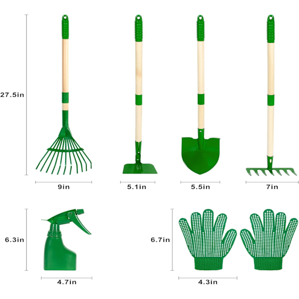 Trädgårdsredskapsset för barn med spade, handskar, förkläde, vattenkanna, trädgårdsredskapskit för pojkar och flickor från 3 år och uppåt (Grön)