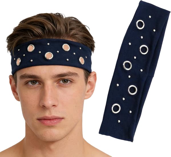 Blått 6,5 cm bredt pannebånd med maljer, uthulet elastisk hårbånd med maljer 1 stk Blue