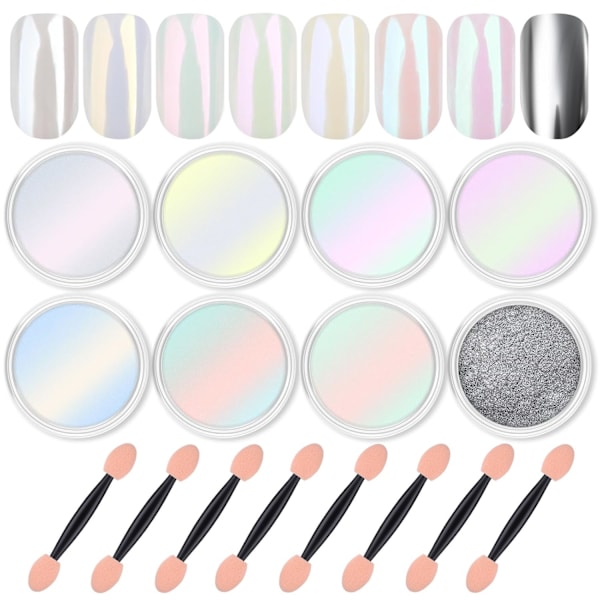 8 Burkar Krom Nagelpulver Magisk Vit Pärlkit Spegeleffekt Silver Metallisk Holografisk Dip Nagelpulver För Harts Hantverk & Nagelkonst