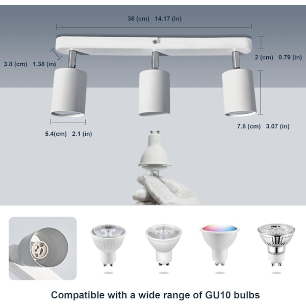 Takspotlight 3-vägs Lamphållare Vinkeljusterbar, Varmvit 3000K 5W 430LM (Glödlampa Ingår), Vit Roterbar GU10 Spotlight