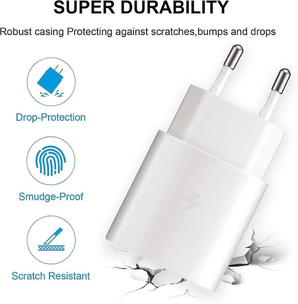 25W USB C hurtiglader med 1m Type C-kabel – Kompatibel med Samsung Galaxy, iPhone og iPad (USB-C) Hvit