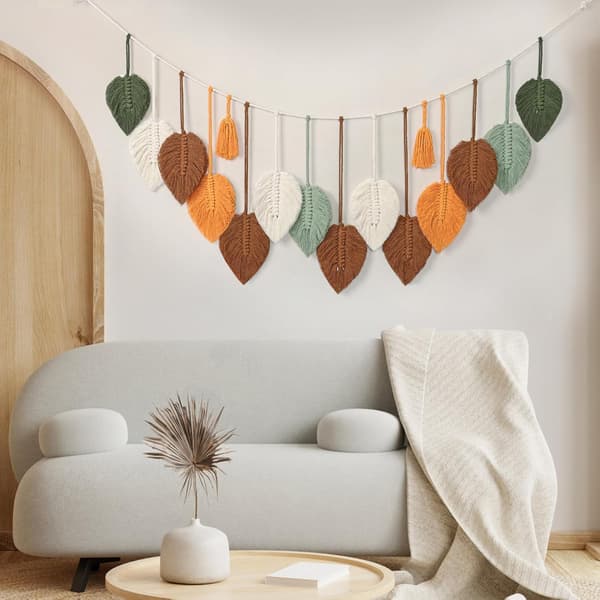 Stor Väggbonad med Lövmotiv, Boho Väggdekor, Vävd Väggbonad för Sovrum, Barnrum, Heminredning