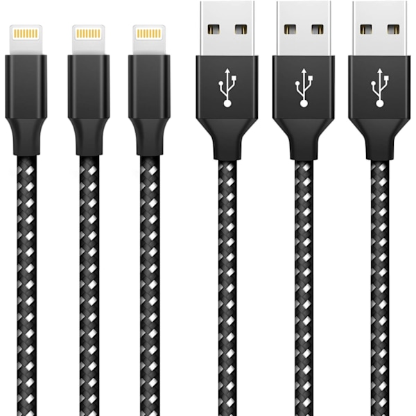 iPhone Laddningskabel 3-pack 3FT/1M Nylonflätad Snabbladdning & Synkronisering iPhone Sladd Svart