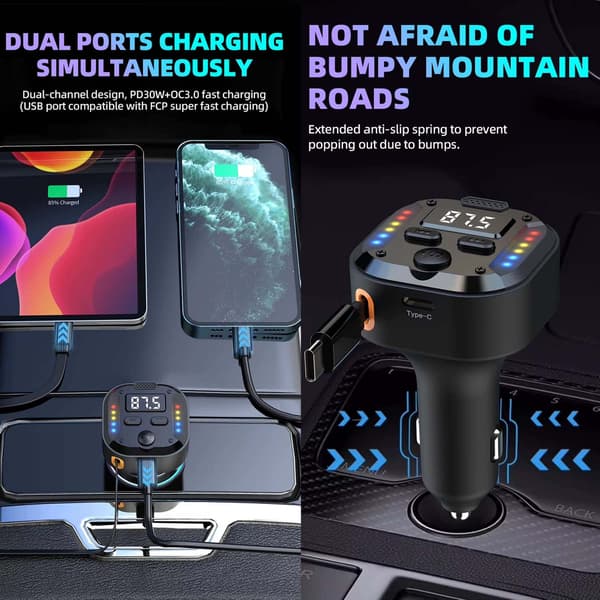 Dobbel Type-C FM-sender og rask billader – Bluetooth 5.3, PD 30W + QC 3.0, RGB-lys og innebygd kabel