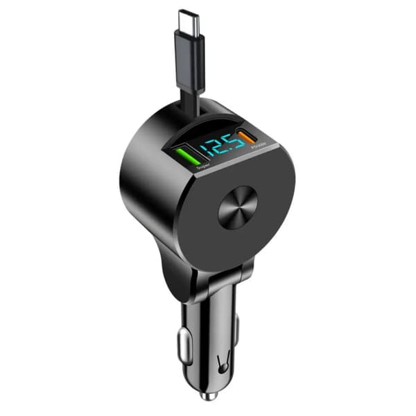 3-i-1 Udtrækkelig Biloplader 75W USB-C & USB-A Hurtigopladning med LED Voltmeter, 12-24V
