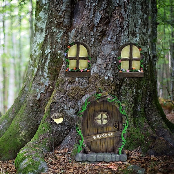 Harts Resin Dörr & Fönster Set med Glow-in-the-Dark Fönster, Miniatyr Skulptur för Träd, Utomhus Dekorationstillbehör