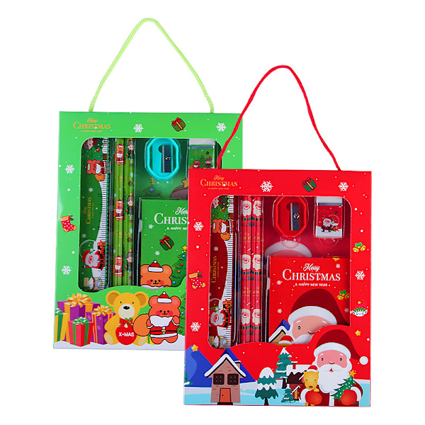 Julpappersvaror Set, Julpappersvaror för Studenter - Inkluderar Penna, Suddgummi, Anteckningsbok, Linjal - Två set (röd + grön)