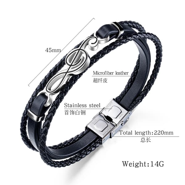 Herrläderarmband Svart Brun Flerskiktat Flätat Rep Gitarr Diskantklav Musiknot Smyckesarmband Justerbart