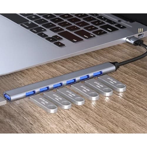 USB-hub 7 porter | USB A til 1x USB 3.2 og 6x USB 2.0 grå gray
