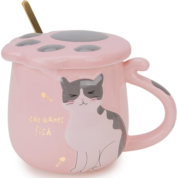 Kattmugg, Keramisk 3D Nyhet Kattkopp Benporslin Kaffe Te Koppen med Lock och Sked, Present till Kattälskare/Kvinnor (450ml)