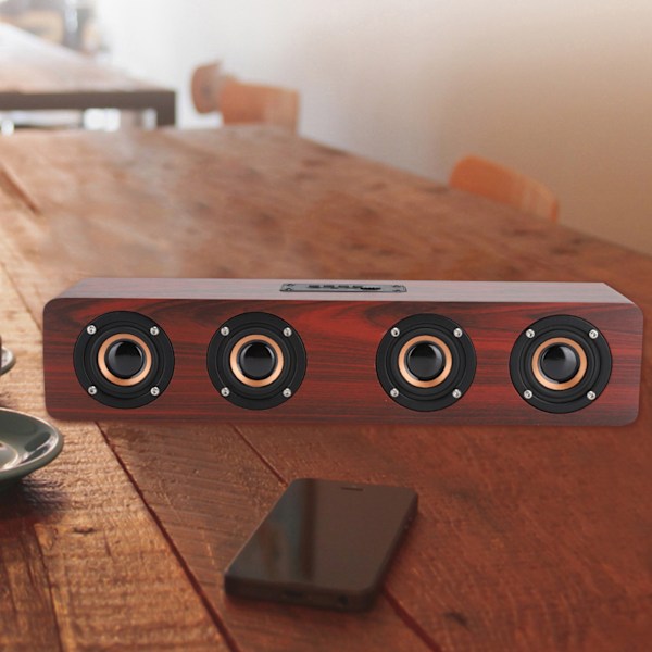 12W W8 Trådløs Bluetooth-høyttaler i tre med støtte for TV, plugg inn kort/FM/mottak av stemmemeldinger (vinrød trestruktur (engelsk))