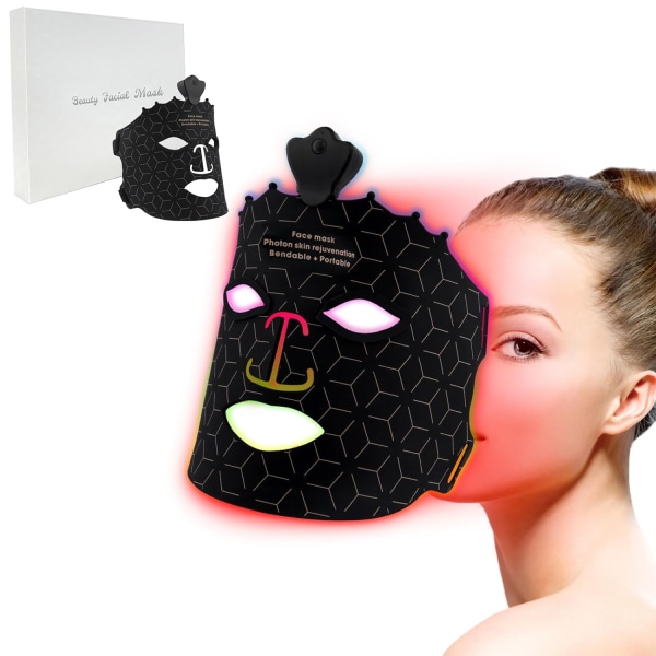 7-farvet rødlysterapimaske, trådløs LED-ansigtsmaske lysterapi med øjenbeskyttelsespude, letvægtsblød silikonerødlysterapi til Fa Black