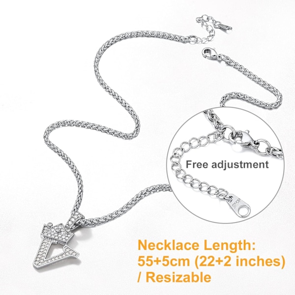 Krona Initial A-Z Halsband, Iced Out Letter Hänge med 22-24 Tums Kedja, Män Kvinnor Bling Hip Hop Alfabet Namn Smycken Present Stora Initialer Halsband V Silver