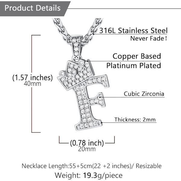 Krona Initial A-Z Halsband, Iced Out Letter Hänge med 22-24 Tums Kedja, Män Kvinnor Bling Hip Hop Alfabet Namn Smycken Present Stora Initialer Halsband F Silver